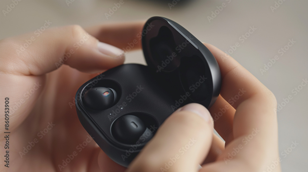 wireless earbuds in case, black wireless earbuds in case, black