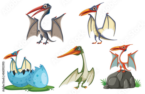 Colorful pterodactyls with eggs in various poses