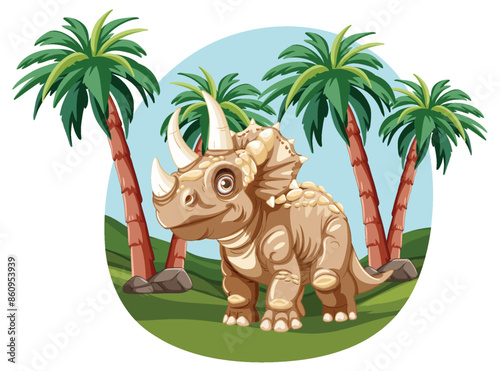Adorable triceratops surrounded by palm trees