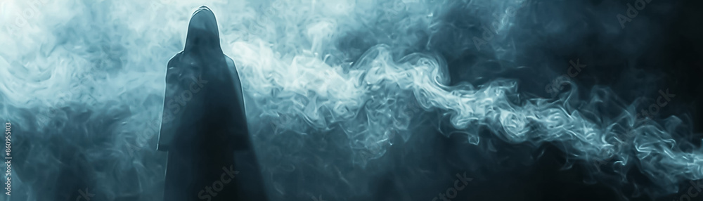 A ghostly figure stands in front of a billowing cloud of smoke A ghostly figure stands in front of a billowing cloud of smoke