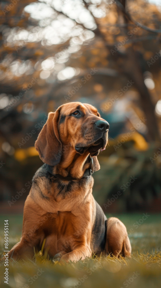 A brown dog is sitting on the grass and looking at the distance A brown dog is sitting on the grass and looking at the distance