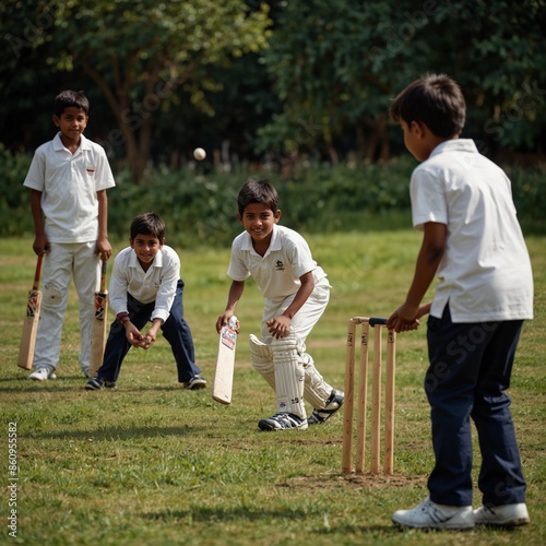 Boys are playing cricket on a grassy field.