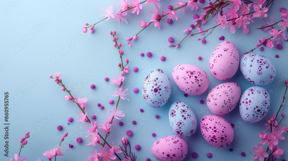 A Collection of Colorful Eggs Amidst a Pink Flower and Branches Backdrop A Collection of Colorful Eggs Amidst a Pink Flower and Branches Backdrop