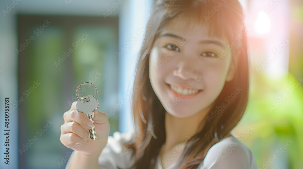 Woman buying or rent new home she holding key front of new house ...