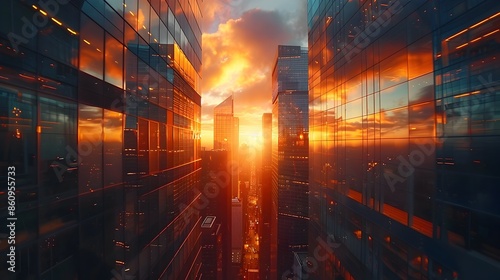 Breathtaking View of Towering Skyscrapers Reflecting the Evening Sunset in a Bustling City © Thares2020