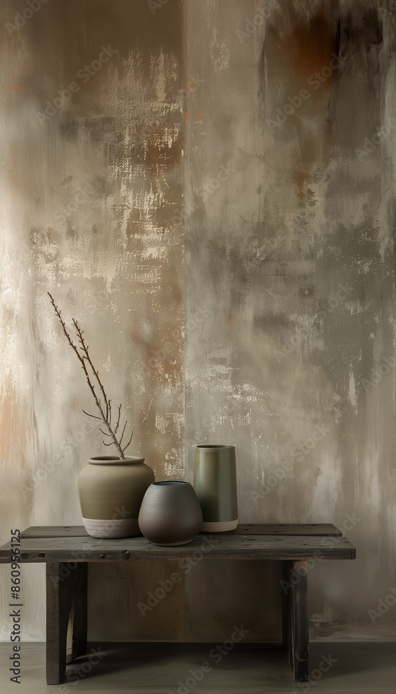 Rustic Textured Wall with Earthy Neutrals Color Washing Technique. Aged effect. Palette of beige, brown, clay red, green, and gray with subtle variations. High-resolution. Matching furniture and decor Rustic Textured Wall with Earthy Neutrals Color Washing Technique. Aged effect. Palette of beige, brown, clay red, green, and gray with subtle variations. High-resolution. Matching furniture and decor