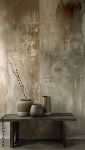 Rustic Textured Wall with Earthy Neutrals Color Washing Technique. Aged effect. Palette of beige, brown, clay red, green, and gray with subtle variations. High-resolution. Matching furniture and decor