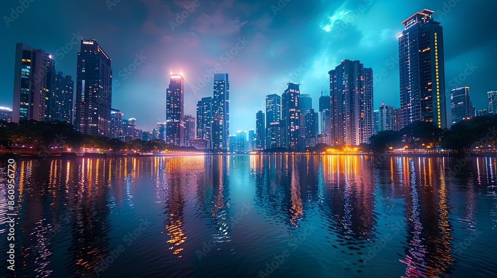 Fototapeta premium Night Cityscape with Illuminated Skyscrapers Reflecting on Water
