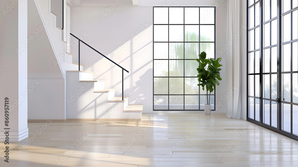 Obraz premium Contemporary home with minimal furnishings and decor light wood floor stairs white walls large windows with black frames and simple style : Generative AI