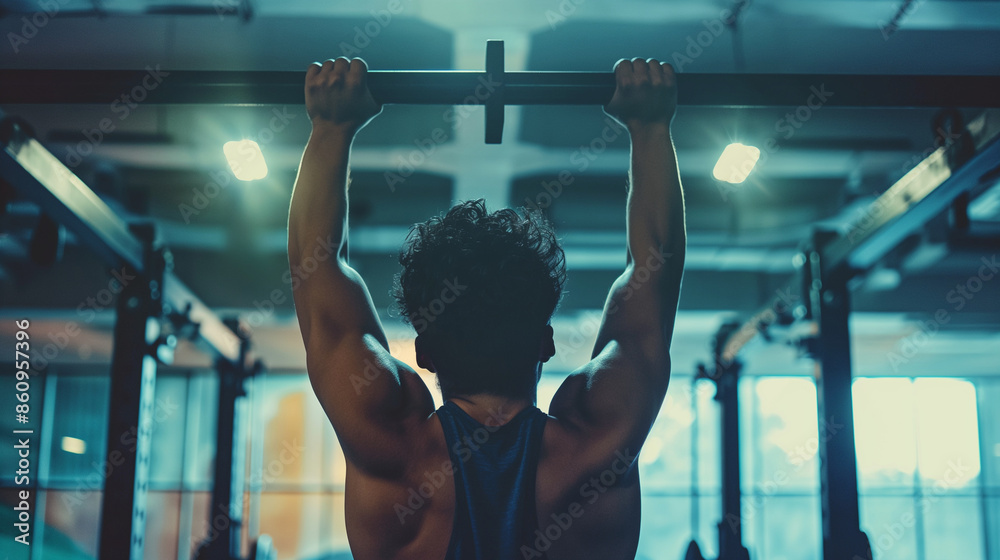 Naklejka premium A person doing pull-ups on a bar, gym, upper body strength, hd, determined with copy space