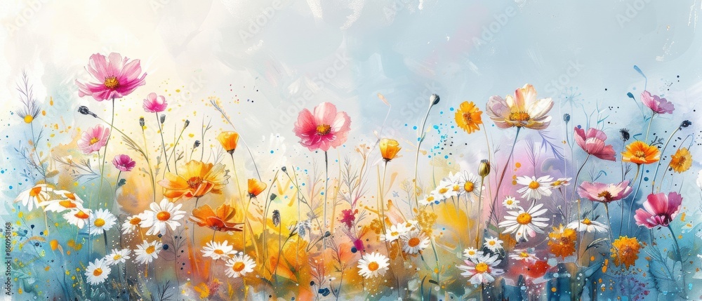 flower meadow on a sunny day, a riot of colors with daisies and poppies