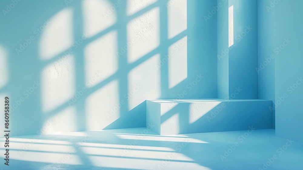 Fototapeta premium Blue empty room background for product presentation with shadow from the window