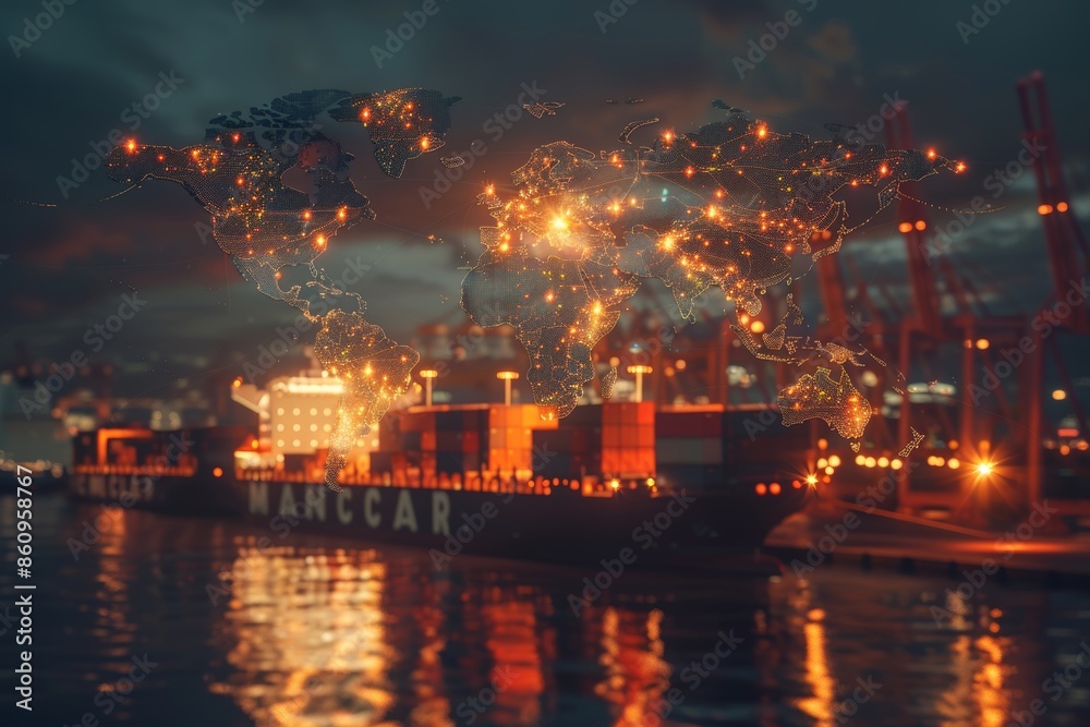 Global logistic network map with cargo ship, ai for instant shipping efficiency and fast delivery