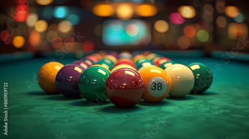 Vibrant Billiard Balls in Neon-Lit Pool Room with Colorful Bokeh Lights
