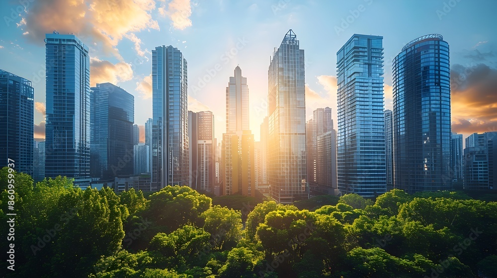 Panoramic Skyline of a Modern Metropolis with Diverse Architectural Styles at Sunset or Sunrise