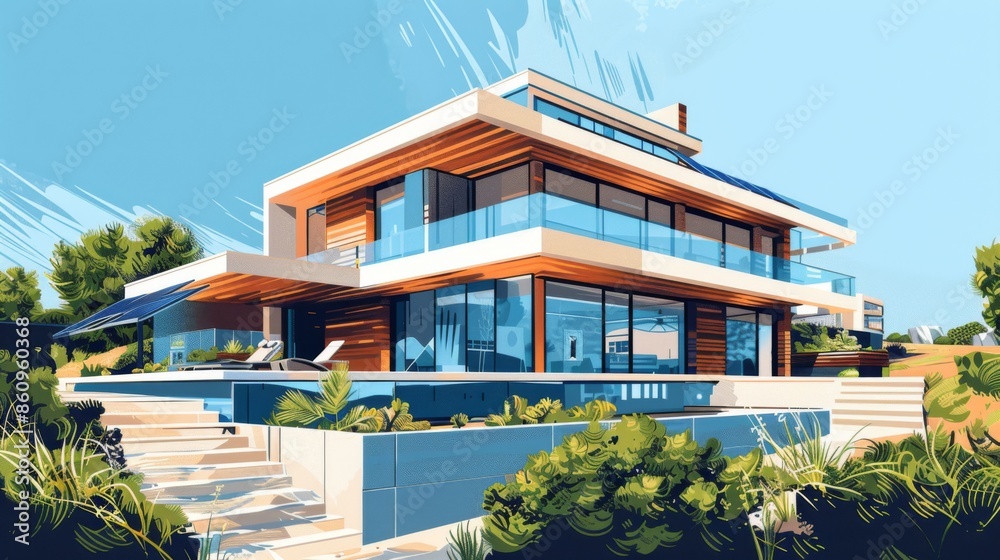 Obraz premium Close-up of new suburban house with a photovoltaic system on the roof. Modern eco friendly passive house with solar panels on the gable roof, with sunlight in the morning