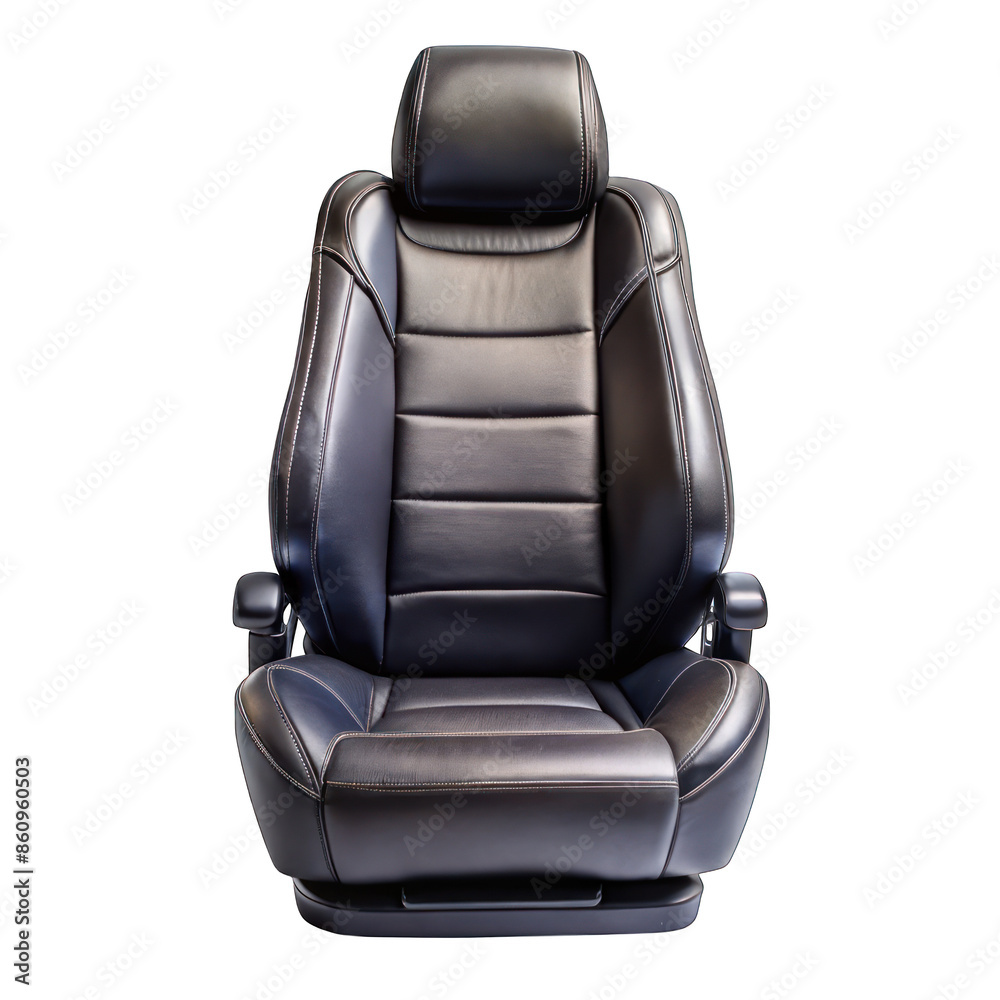Naklejka premium Black leather Seat for car automobile, front view isolated on transparent background