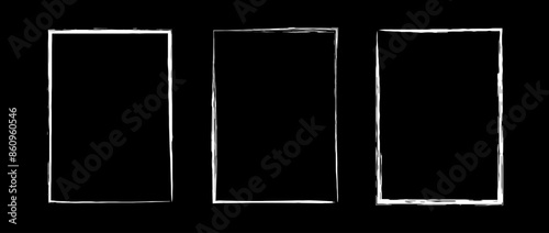 Grunge rectangle frame set. Different paint brushed border collection. Chalk or ink rectangular jagged stroke design elements for banner, poster, flyer, brochure, cover. Vector A4 carde