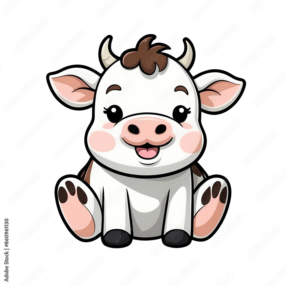Cute Childish Kawaii Cow Character Sticker Standing with Big Round Eyes, Black and White Spots, and a Happy Expression, Thick Black Outline, Generative AI. Cute Childish Kawaii Cow Character Sticker Standing with Big Round Eyes, Black and White Spots, and a Happy Expression, Thick Black Outline, Generative AI.