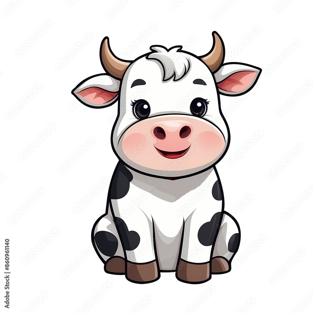 Cute Childish Kawaii Cow Character Sticker Standing with Big Round Eyes, Black and White Spots, and a Happy Expression, Thick Black Outline, Generative AI. Cute Childish Kawaii Cow Character Sticker Standing with Big Round Eyes, Black and White Spots, and a Happy Expression, Thick Black Outline, Generative AI.