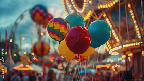 Colorful Balloons Floating Above Funfair Event with Carnival Lights