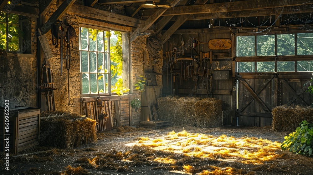 Sunlit Barn Interior with Hay and Rustic Equipment Sunlit Barn Interior with Hay and Rustic Equipment