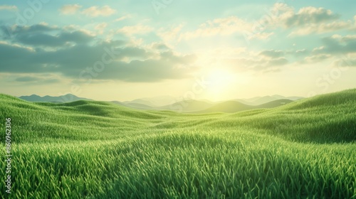 Expansive Green Grass Meadow: Stylized 3D Illustration with Rolling Hills