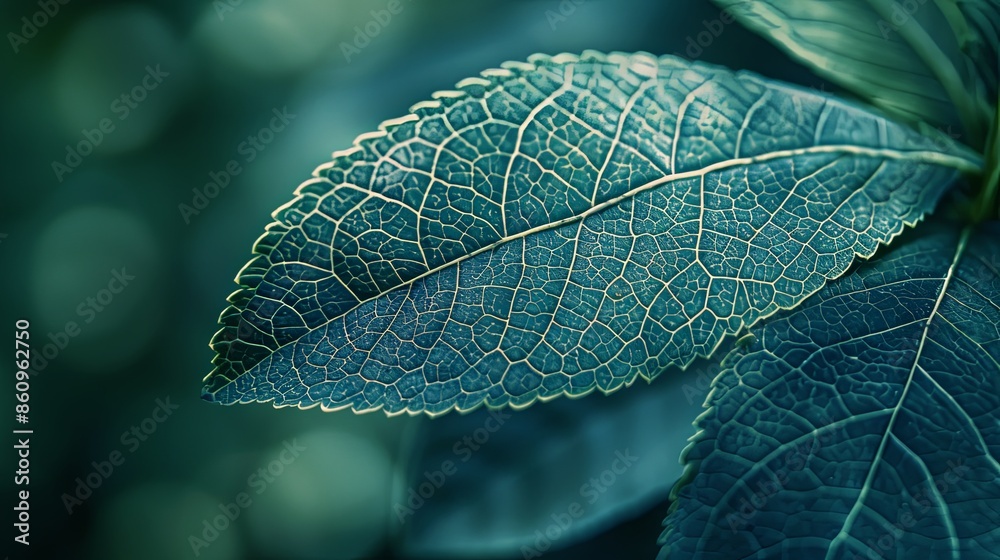 Close-Up of Vibrant Blue-Green Leaves with Intricate Veins and Soft Bokeh Background Close-Up of Vibrant Blue-Green Leaves with Intricate Veins and Soft Bokeh Background