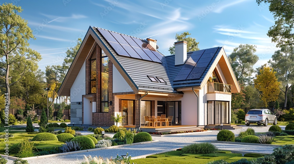 photo illustration of New suburban house with a photovoltaic system on the roof. Modern eco friendly passive house with landscaped yard. Solar panels on the gable roof, beauty landscape , 16:9 photo illustration of New suburban house with a photovoltaic system on the roof. Modern eco friendly passive house with landscaped yard. Solar panels on the gable roof, beauty landscape , 16:9