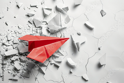 Concept of overcoming barriers with a red paper plane breaking through an obstacle on a white background photo