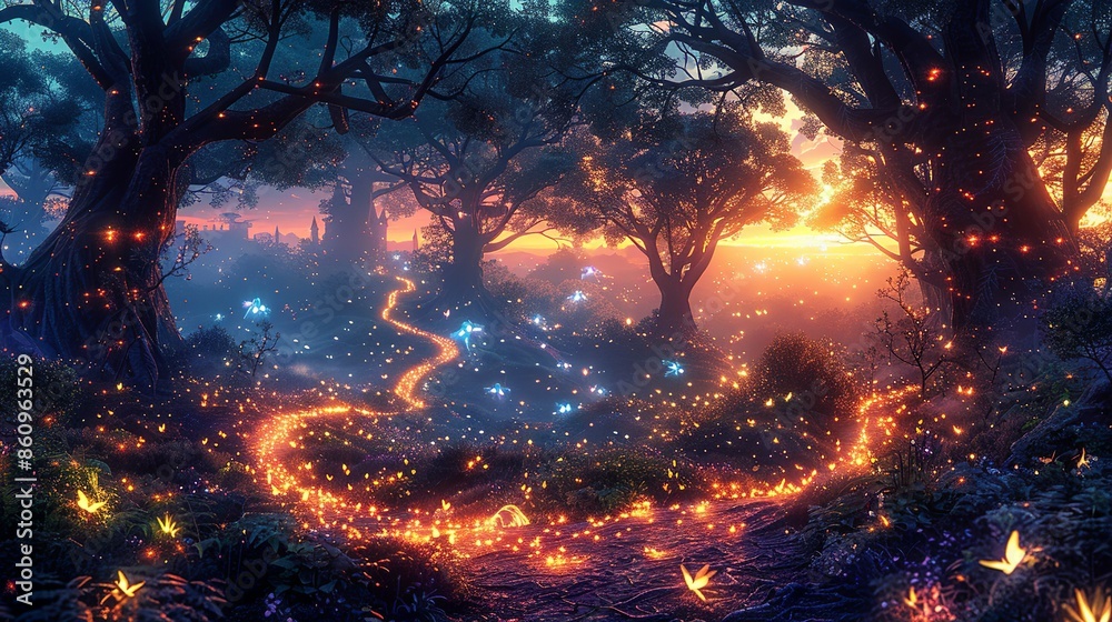 Enchanted forest filled with glowing fairies and mystical creatures, a path leading to a hidden castle in the distance, evoking a sense of wonder and magical adventure. Illustration, Minimalism, Enchanted forest filled with glowing fairies and mystical creatures, a path leading to a hidden castle in the distance, evoking a sense of wonder and magical adventure. Illustration, Minimalism,