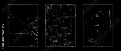 Rough grunge vinyl overlay set. Folded paper photocopy texture collection. Old worn scratched crumpled background. Dirt grainy scanned wrinkled wallpaper for poster, cover, frame, banner. Vector pack