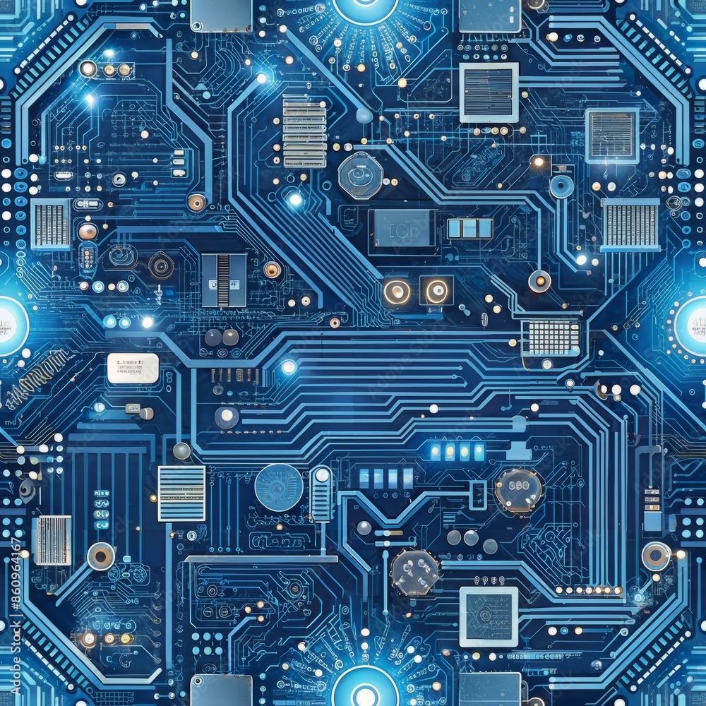 Fototapeta premium Seamless pattern of digital circuit boards and technological elements, perfect for tech-themed designs, Generative AI
