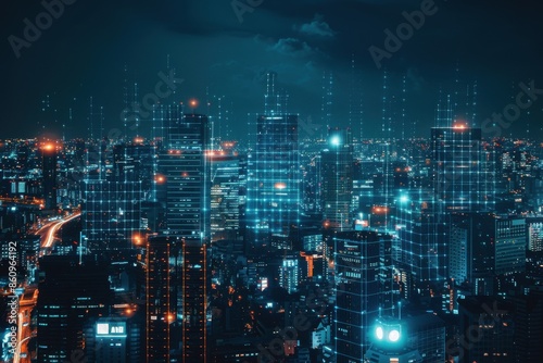 Wallpaper Mural Modern city with wireless network connection and city scape conc Torontodigital.ca