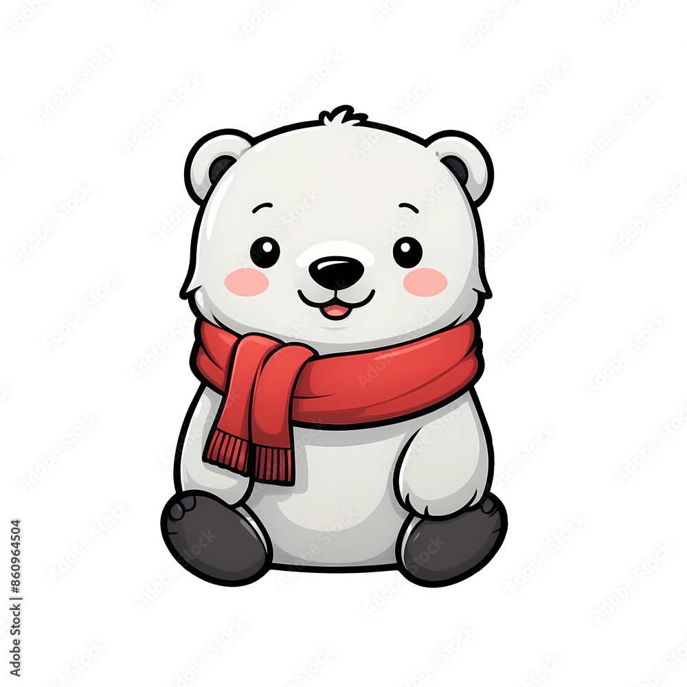 Cute Childish Kawaii Polar Bear Character Sticker Sitting Cross-Legged with Red Scarf, Fluffy White Fur, Holding a Small Fish, Happy Expression, Thick Black Outline, Generative AI.