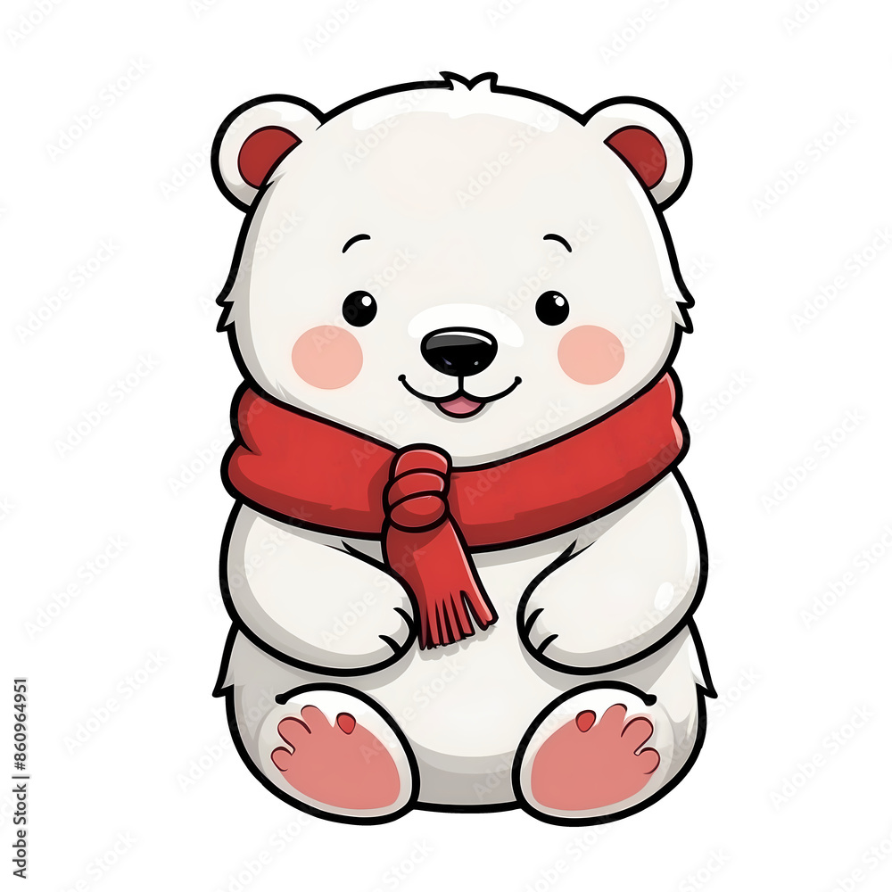 Cute Childish Kawaii Polar Bear Character Sticker Sitting Cross-Legged with Red Scarf, Fluffy White Fur, Holding a Small Fish, Happy Expression, Thick Black Outline, Generative AI. Cute Childish Kawaii Polar Bear Character Sticker Sitting Cross-Legged with Red Scarf, Fluffy White Fur, Holding a Small Fish, Happy Expression, Thick Black Outline, Generative AI.