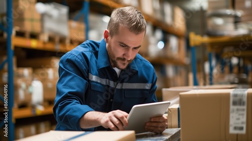Shot of Man in Blue Uniform Using iPad to Scan Barcode on Brown Box, Modern Logistics in Well-Organized Shipping Area