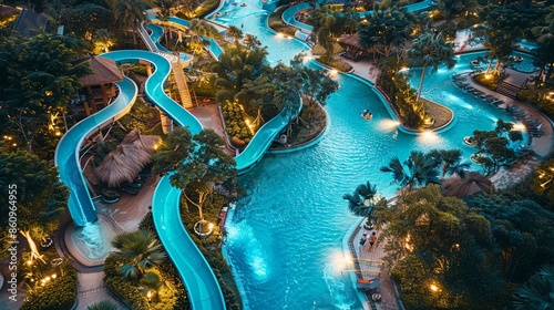 Lit Jungle Resort Pool with Water Slides at Night photo