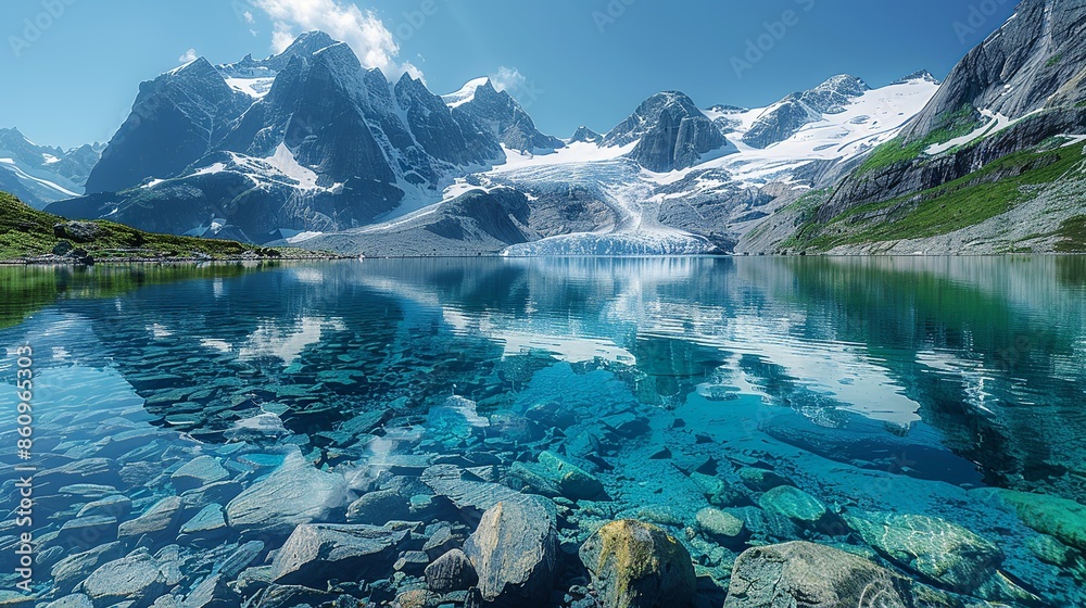 Ice Melting From A Glacier Into A Crystal Clear Lake With Reflections