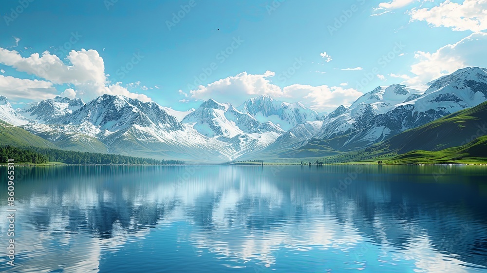 Serene Mountain Lake Landscape with Snow-capped Peaks, Blue Sky, and Reflective Waters