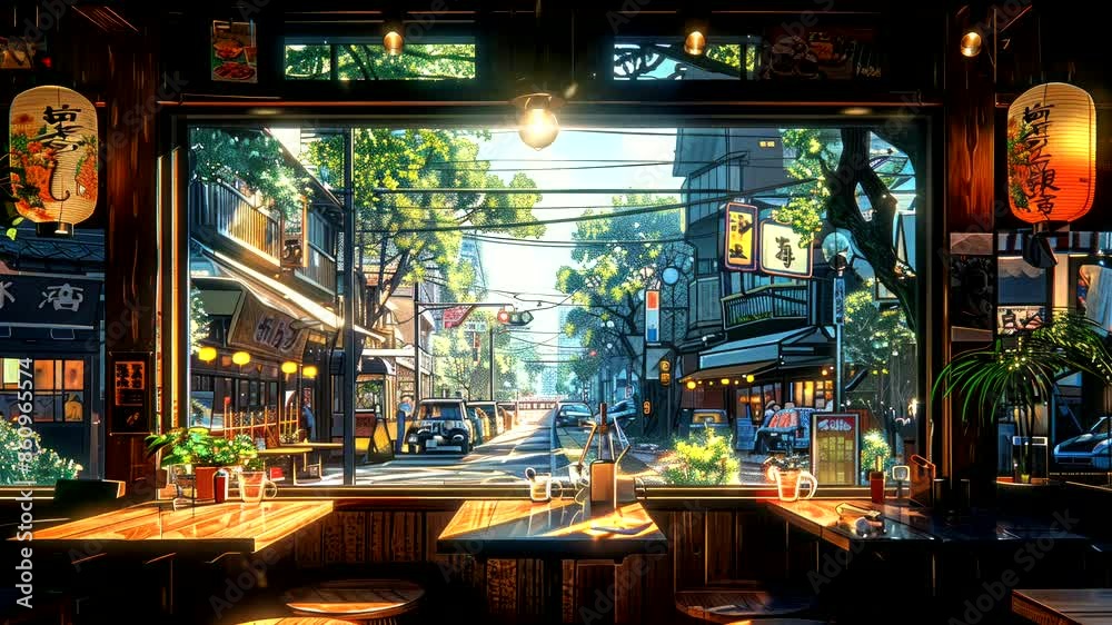 Traditional Japanese street view from a cozy cafe with lanterns and wooden decor during daylight.