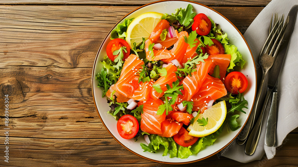 A view from above of a salad full of delicious smoked salmon. A view from above of a salad full of delicious smoked salmon.