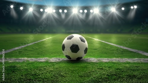 Soccer Ball in a Stadium with Lights. A classic black and white soccer ball on green grass in the center of a stadium, illuminated by spotlights