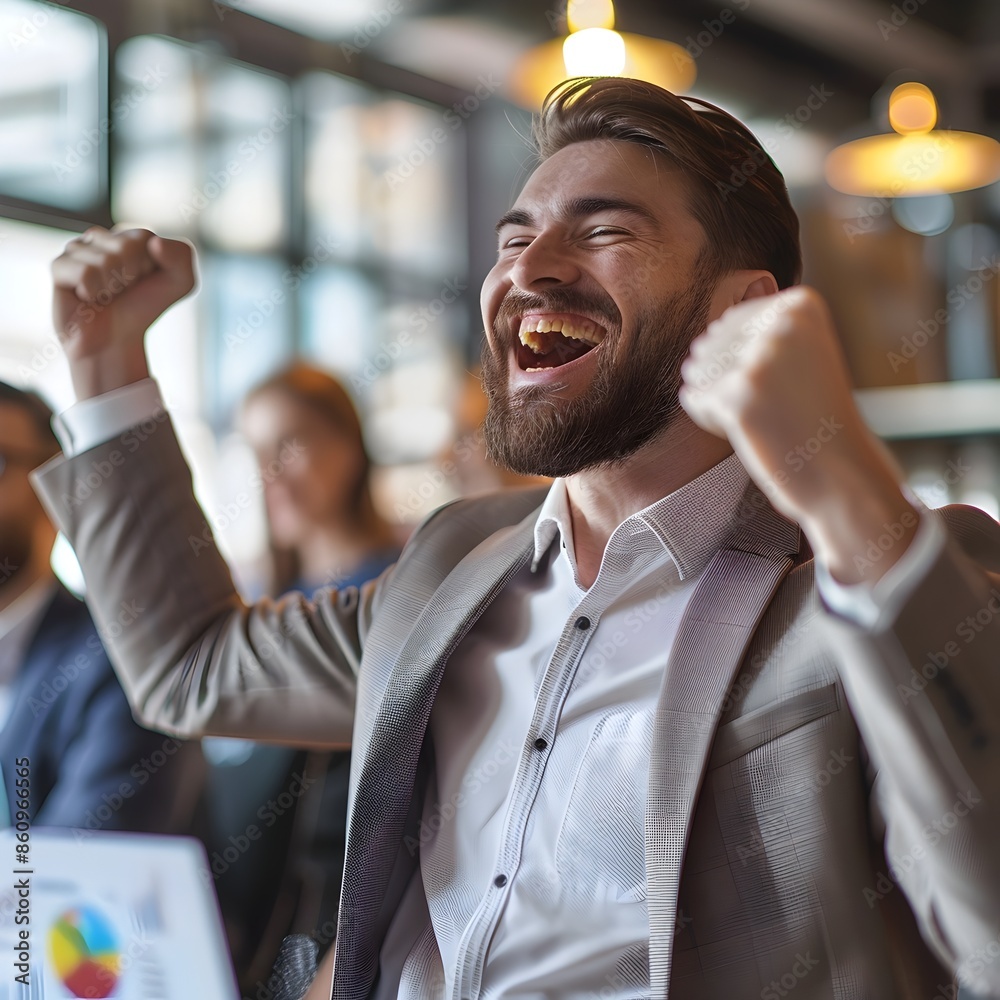 Obraz premium Successful Businessperson Celebrating Positive Financial Growth with Team