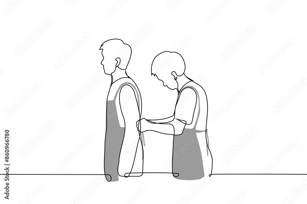 man helping another with tying an apron - one line art vector. concept men are going to cook, cooking master class man helping another with tying an apron - one line art vector. concept men are going to cook, cooking master class