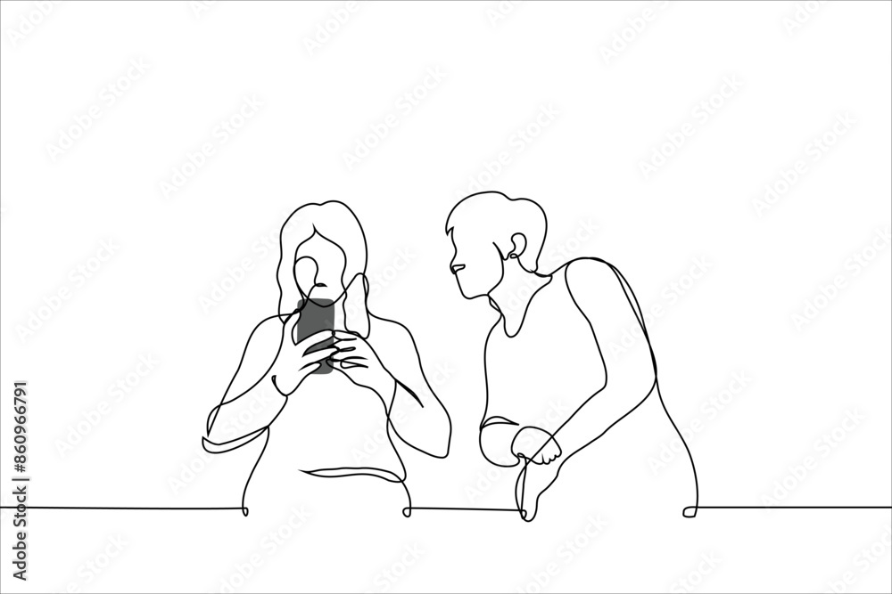 man looks into the phone screen of a woman sitting next to him - one line art vector. concept a stranger peeps into your correspondence, a jealous and suspicious man man looks into the phone screen of a woman sitting next to him - one line art vector. concept a stranger peeps into your correspondence, a jealous and suspicious man