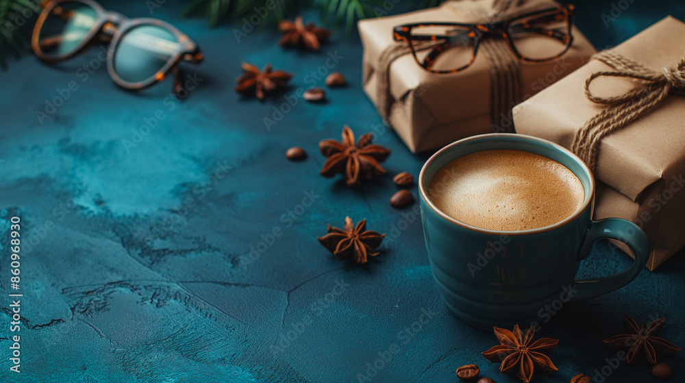 The blue background enhances the Father's Day theme in this flat lay composition featuring gift boxes, a coffee cup, and eyeglasses. The blue background enhances the Father's Day theme in this flat lay composition featuring gift boxes, a coffee cup, and eyeglasses.