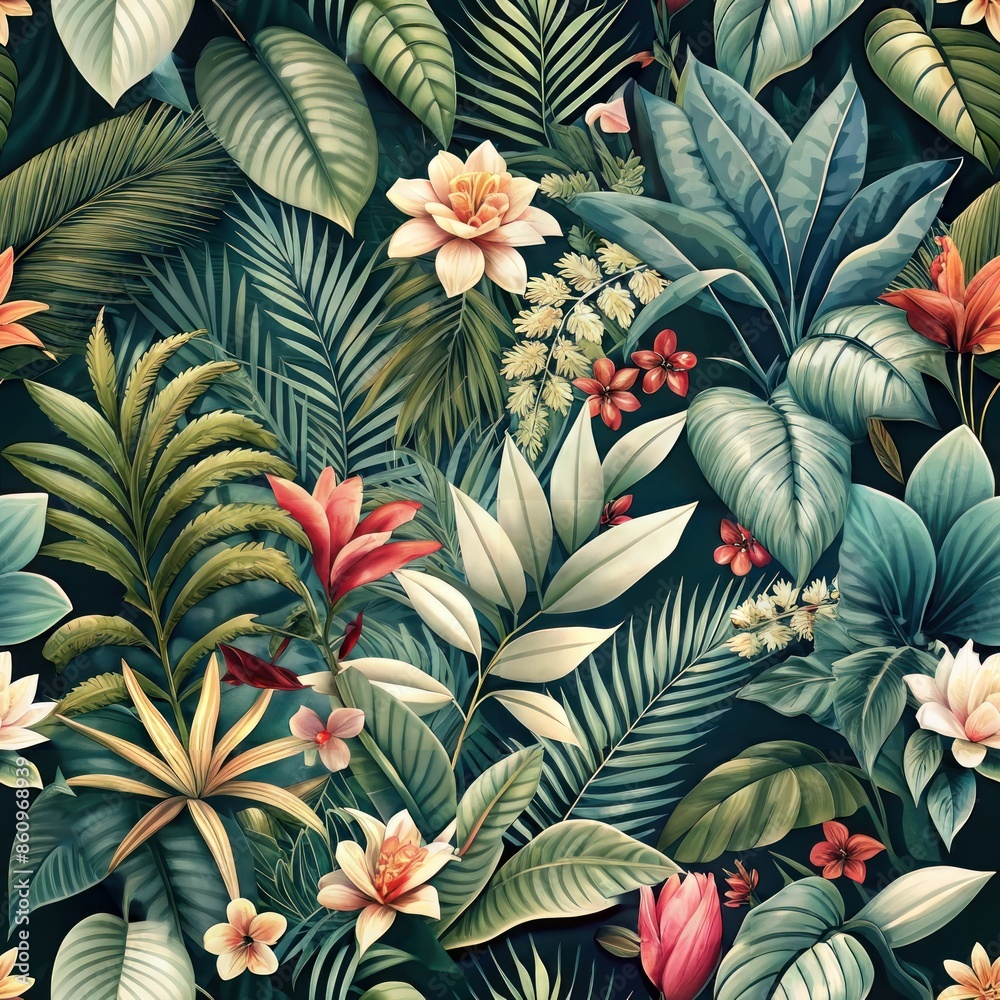 Obraz premium Seamless pattern of tropical leaves and flowers, evoking a lush and exotic atmosphere, Generative AI