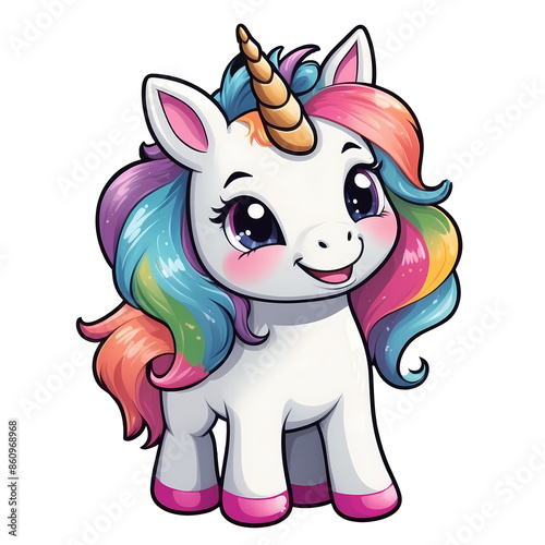 Cute Childish Kawaii Unicorn Character Sticker Standing with Sparkling Eyes, Rainbow Mane and Tail, Happy Expression, Thick Black Outline, Generative AI.