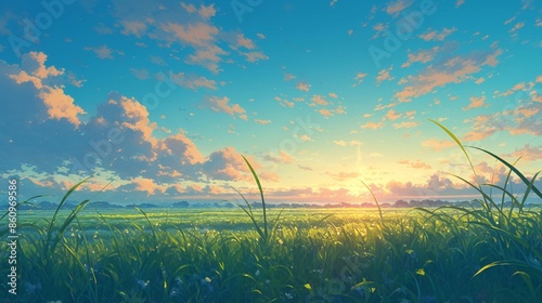 広大な草原の風景、夕方4